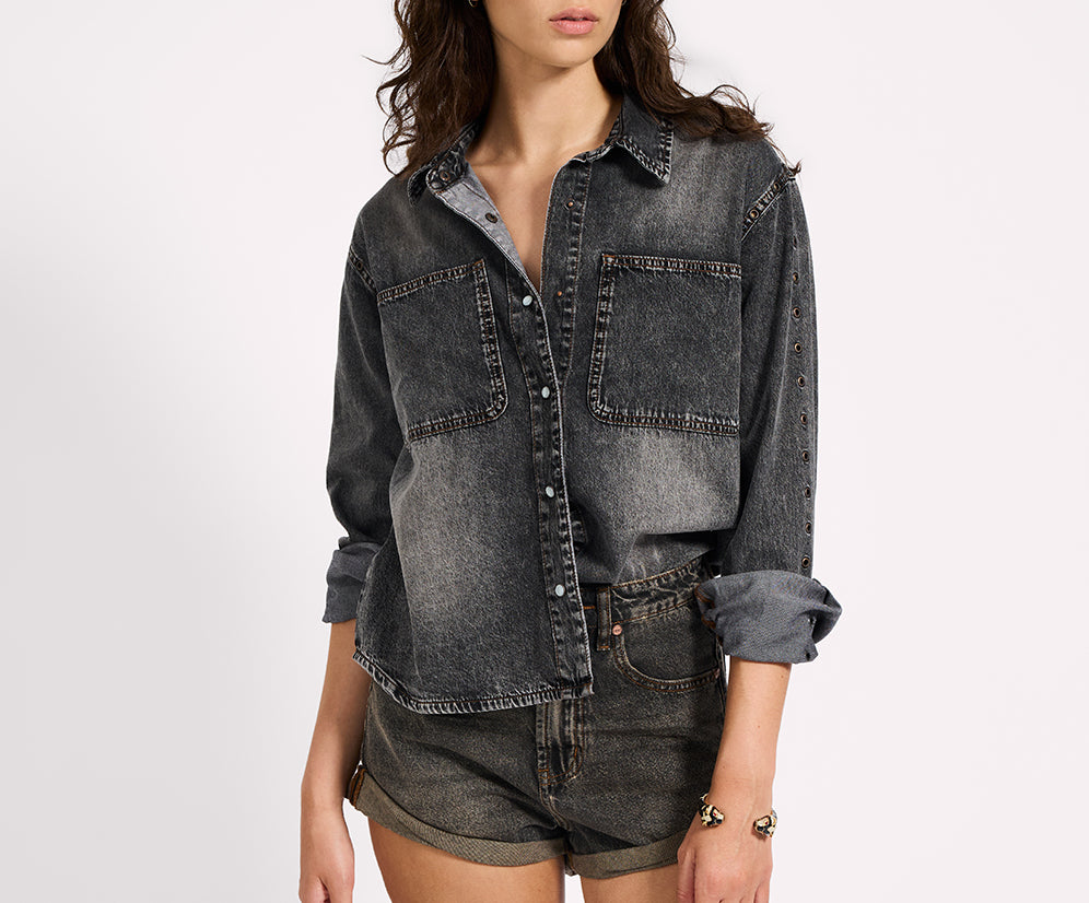 Nixie Eyelet Classic Fit Denim Shirt - Charcoal Black