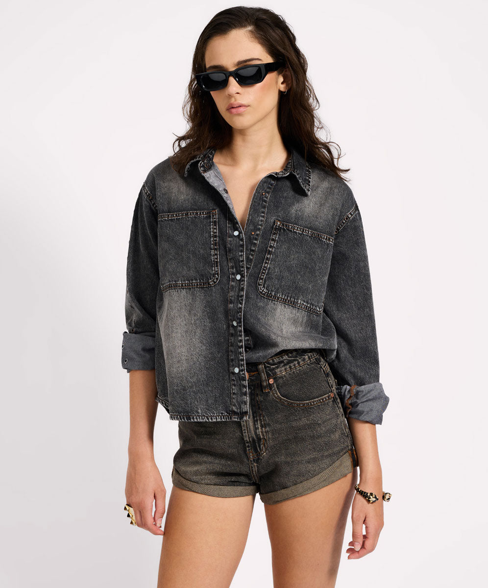 Nixie Eyelet Classic Fit Denim Shirt - Charcoal Black | One