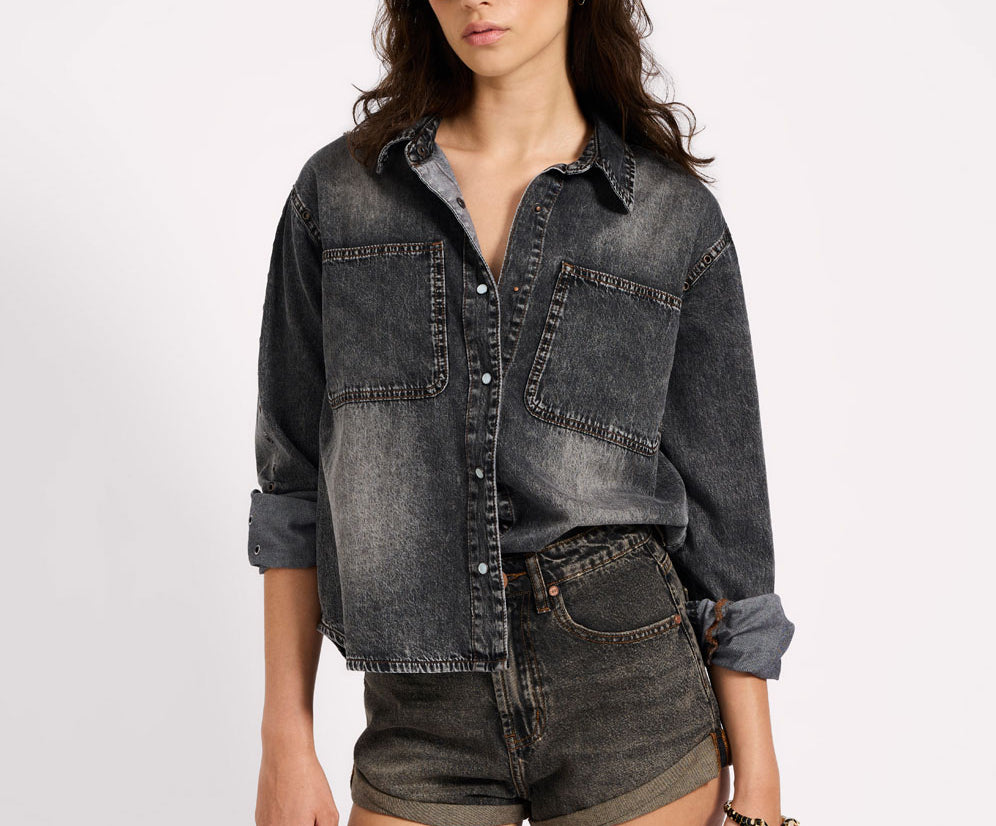 Nixie Eyelet Classic Fit Denim Shirt - Charcoal Black