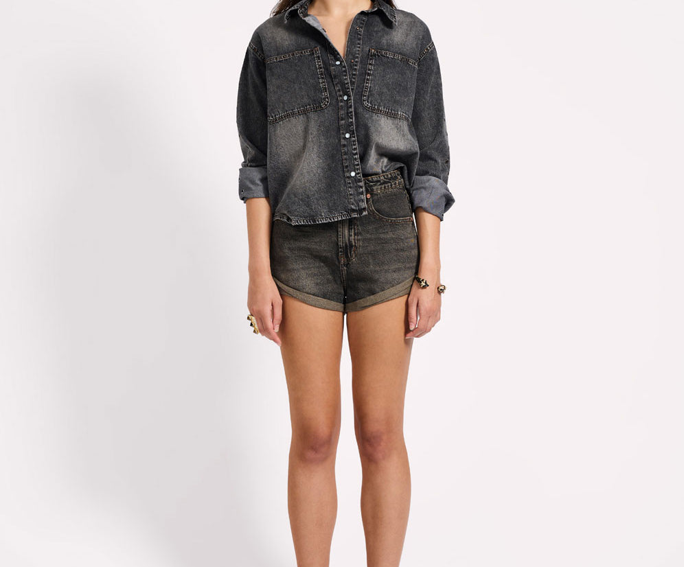 Nixie Eyelet Classic Fit Denim Shirt - Charcoal Black