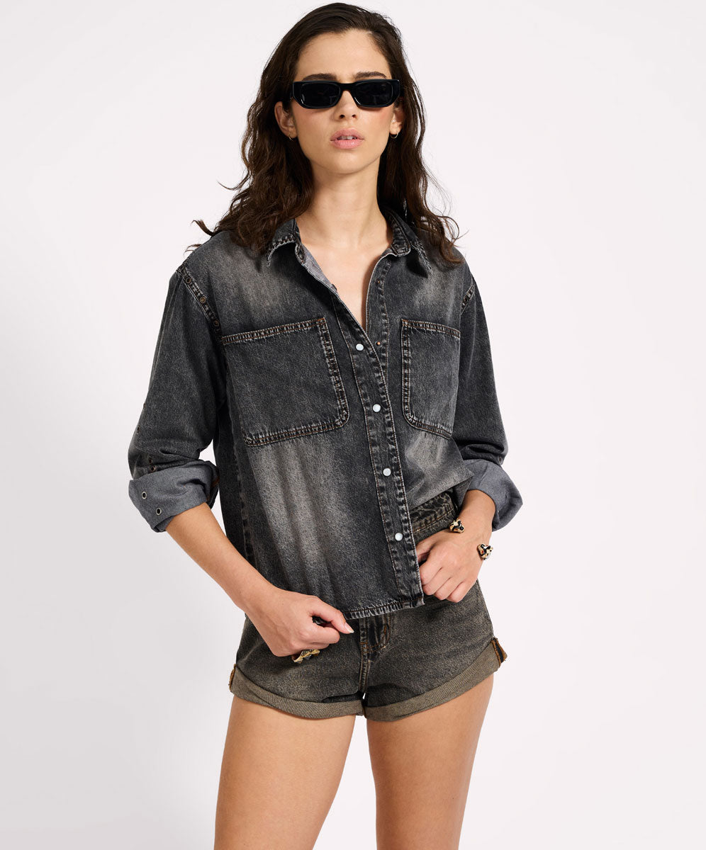 Nixie Eyelet Classic Fit Denim Shirt - Charcoal Black | One