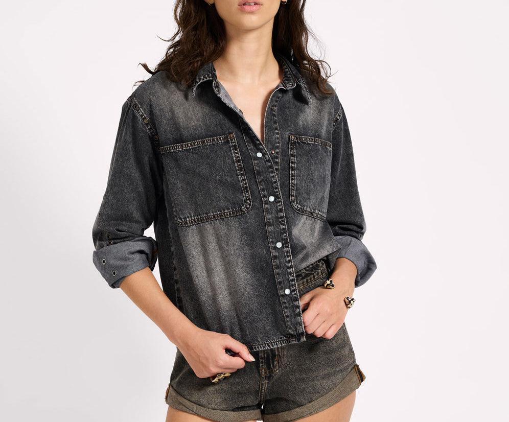 Nixie Eyelet Classic Fit Denim Shirt - Charcoal Black