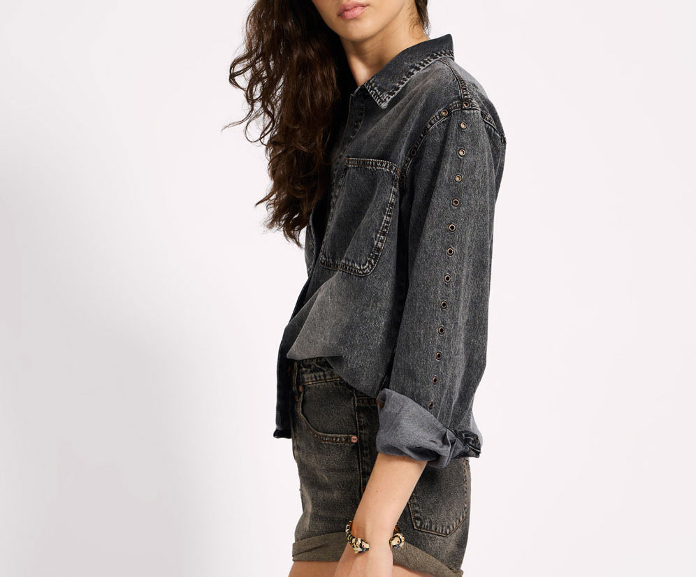 Nixie Eyelet Classic Fit Denim Shirt - Charcoal Black