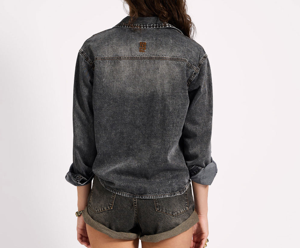 Nixie Eyelet Classic Fit Denim Shirt - Charcoal Black