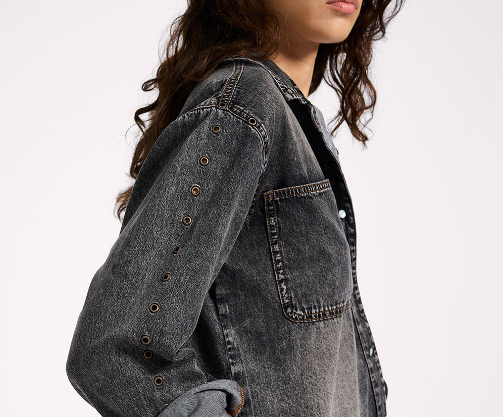Nixie Eyelet Classic Fit Denim Shirt - Charcoal Black