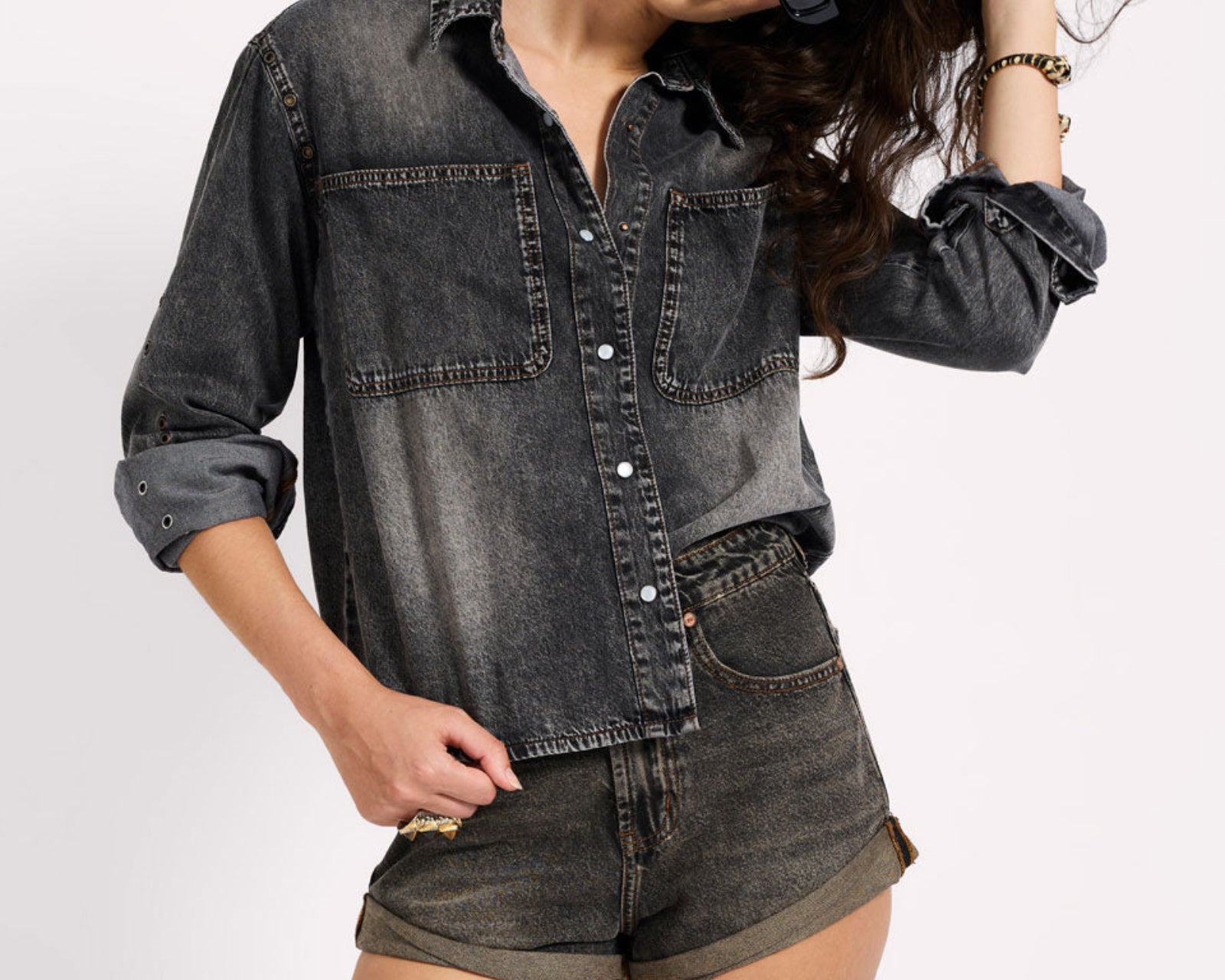 Nixie Eyelet Classic Fit Denim Shirt - Charcoal Black