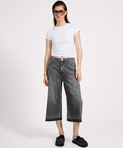 720'S Mid Waist Super Long Length Denim Jorts - Charcoal
