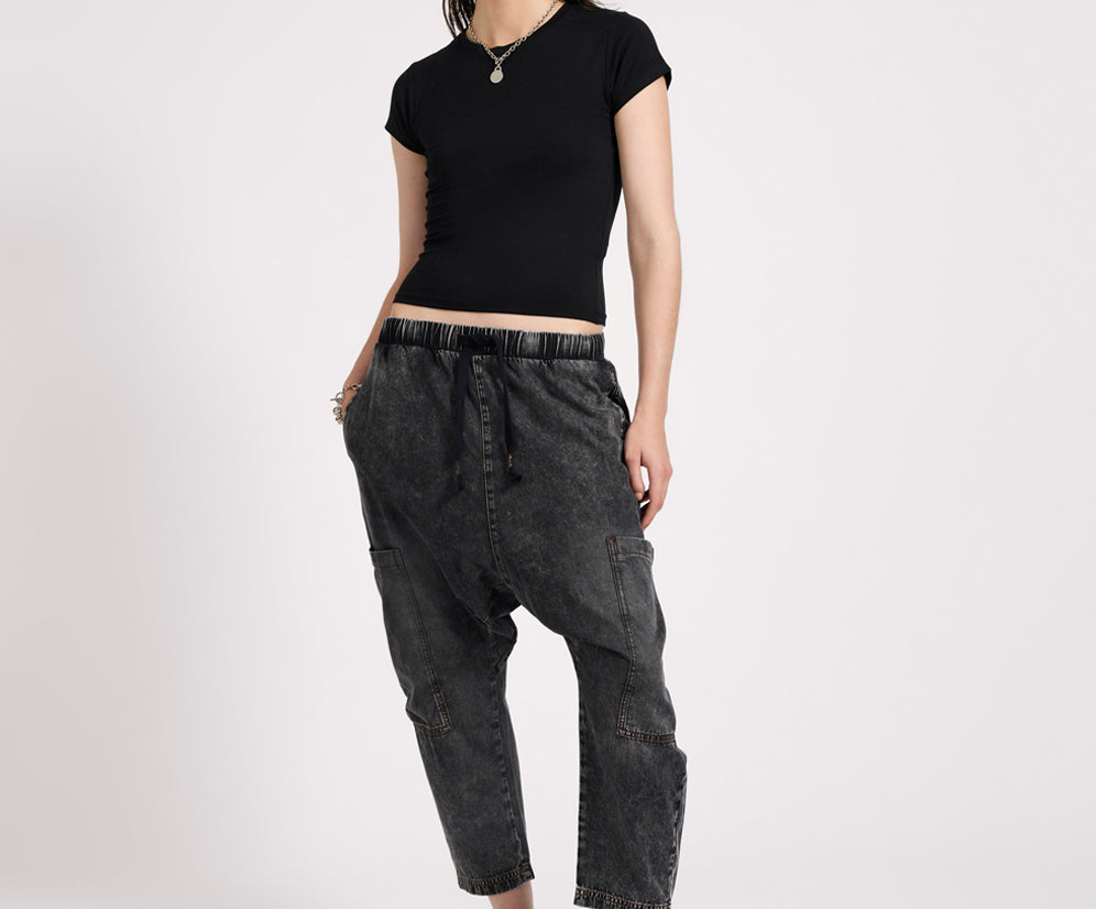 Isla Low Waist Drawstring Harem Denim Jeans - Charcoal Black