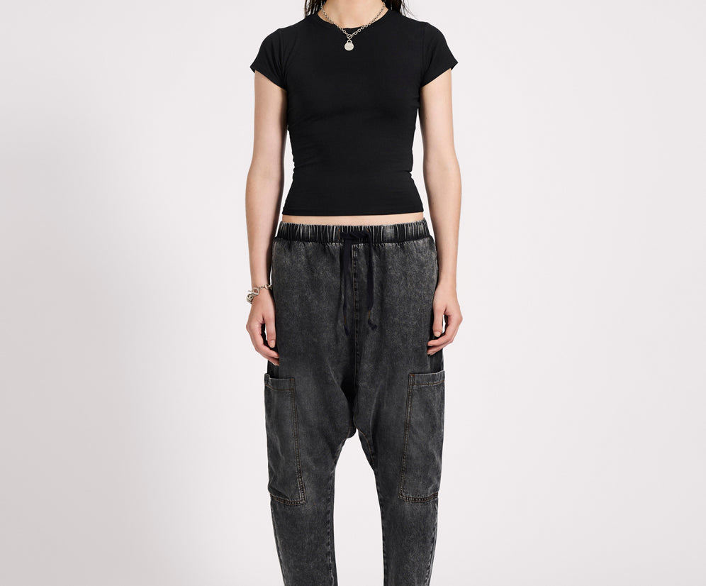 Isla Low Waist Drawstring Harem Denim Jeans - Charcoal Black