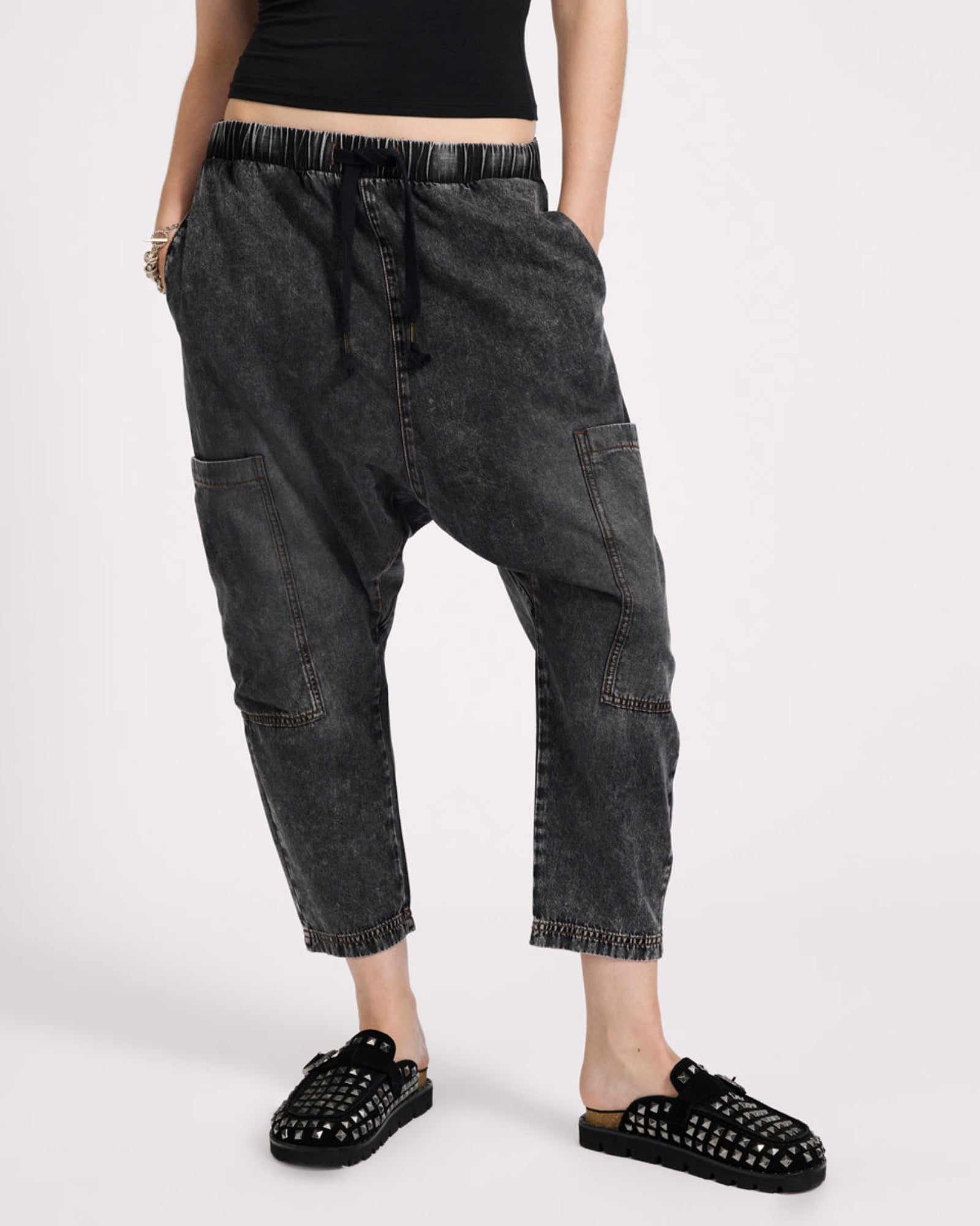 Isla Low Waist Drawstring Harem Denim Jeans - Charcoal Black | One