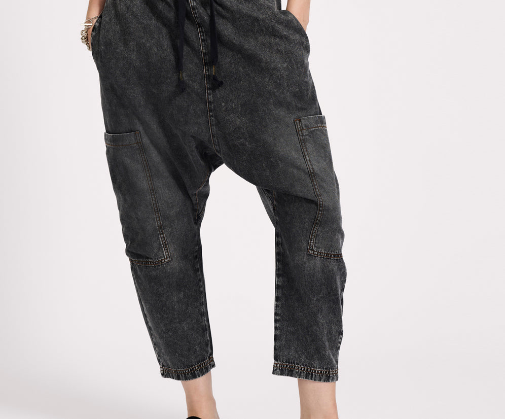 Isla Low Waist Drawstring Harem Denim Jeans - Charcoal Black