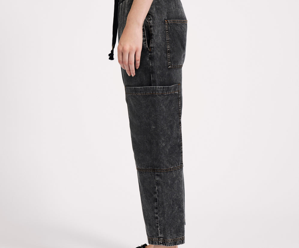 Isla Low Waist Drawstring Harem Denim Jeans - Charcoal Black
