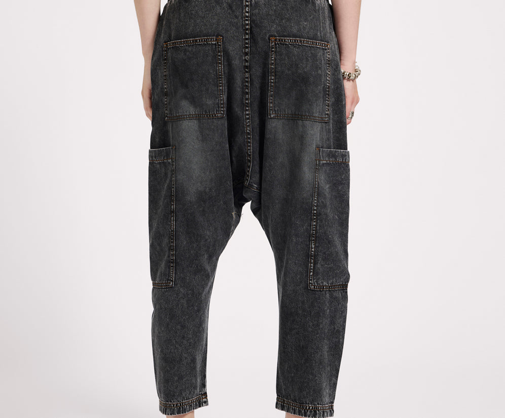 Isla Low Waist Drawstring Harem Denim Jeans - Charcoal Black
