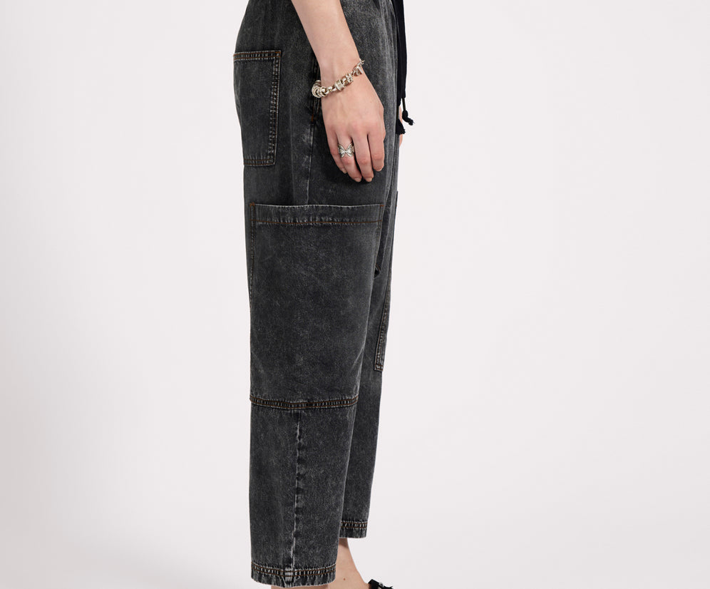 Isla Low Waist Drawstring Harem Denim Jeans - Charcoal Black