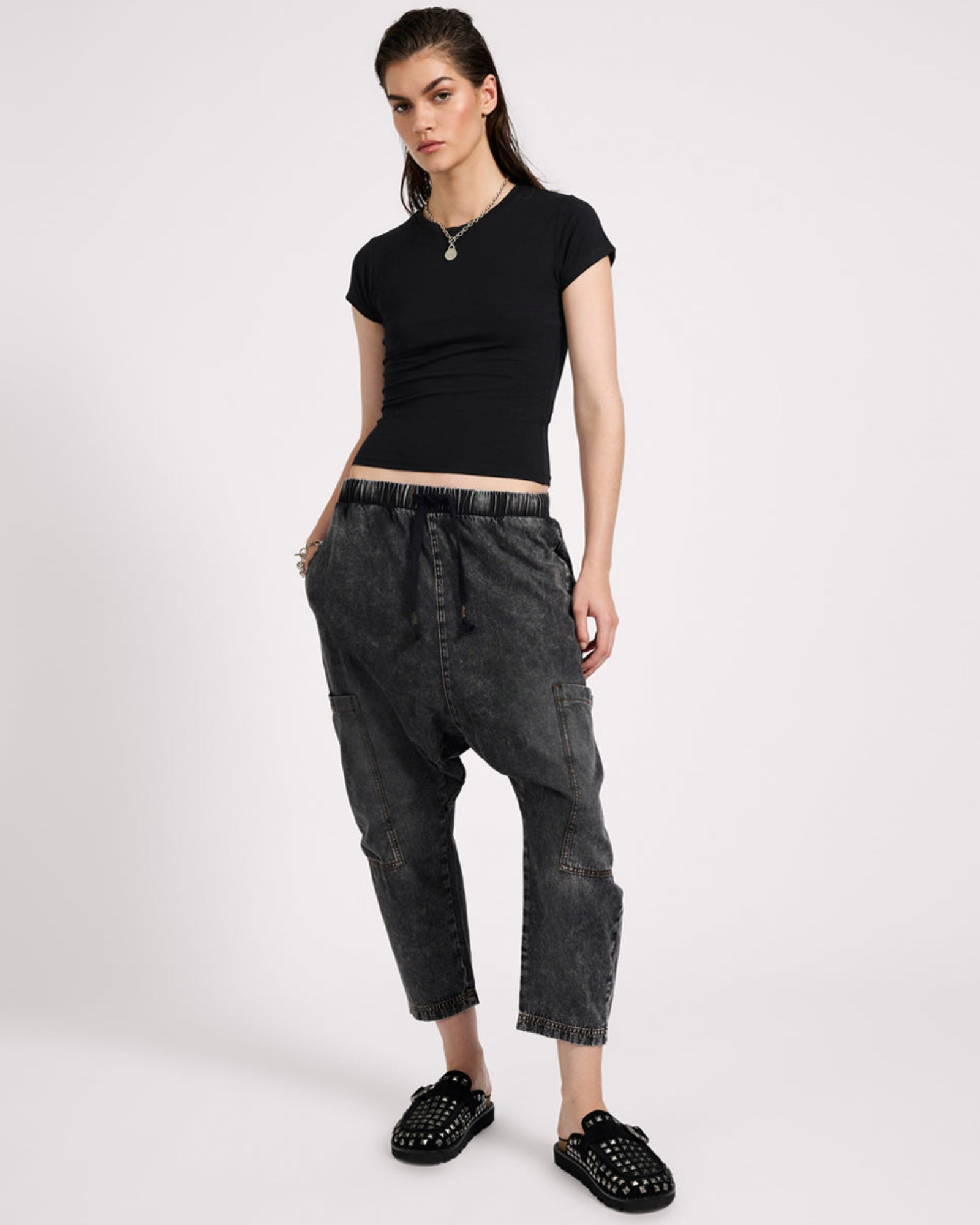 Isla Low Waist Drawstring Harem Denim Jeans - Charcoal Black | One