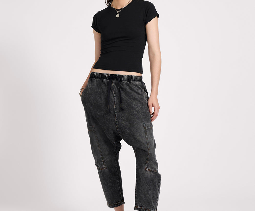 Isla Low Waist Drawstring Harem Denim Jeans - Charcoal Black