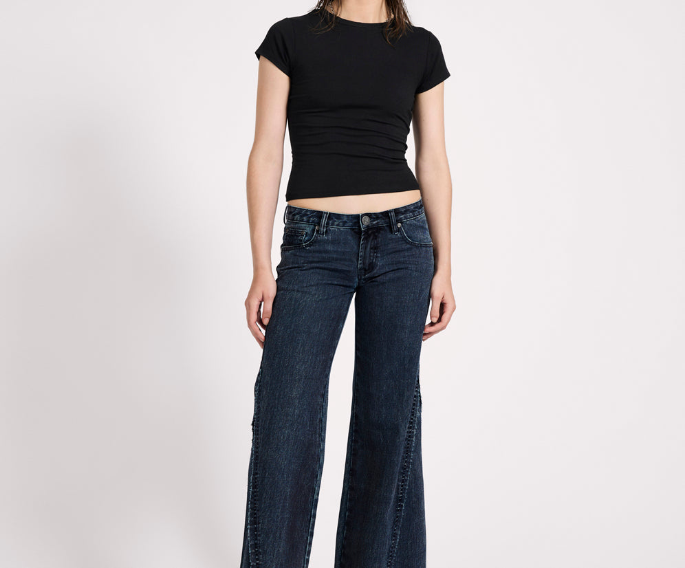 Johnnies Low Waist Wide Leg Flared Denim Jeans - Indigo Blue