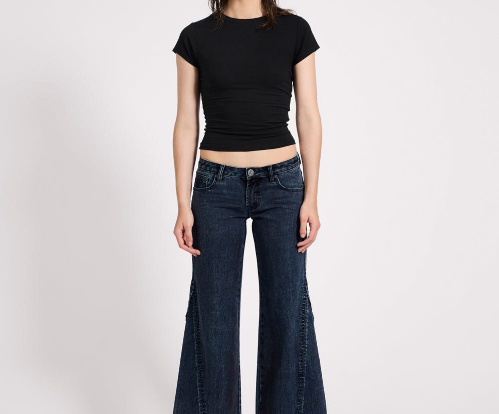 Johnnies Low Waist Wide Leg Flared Denim Jeans - Indigo Blue