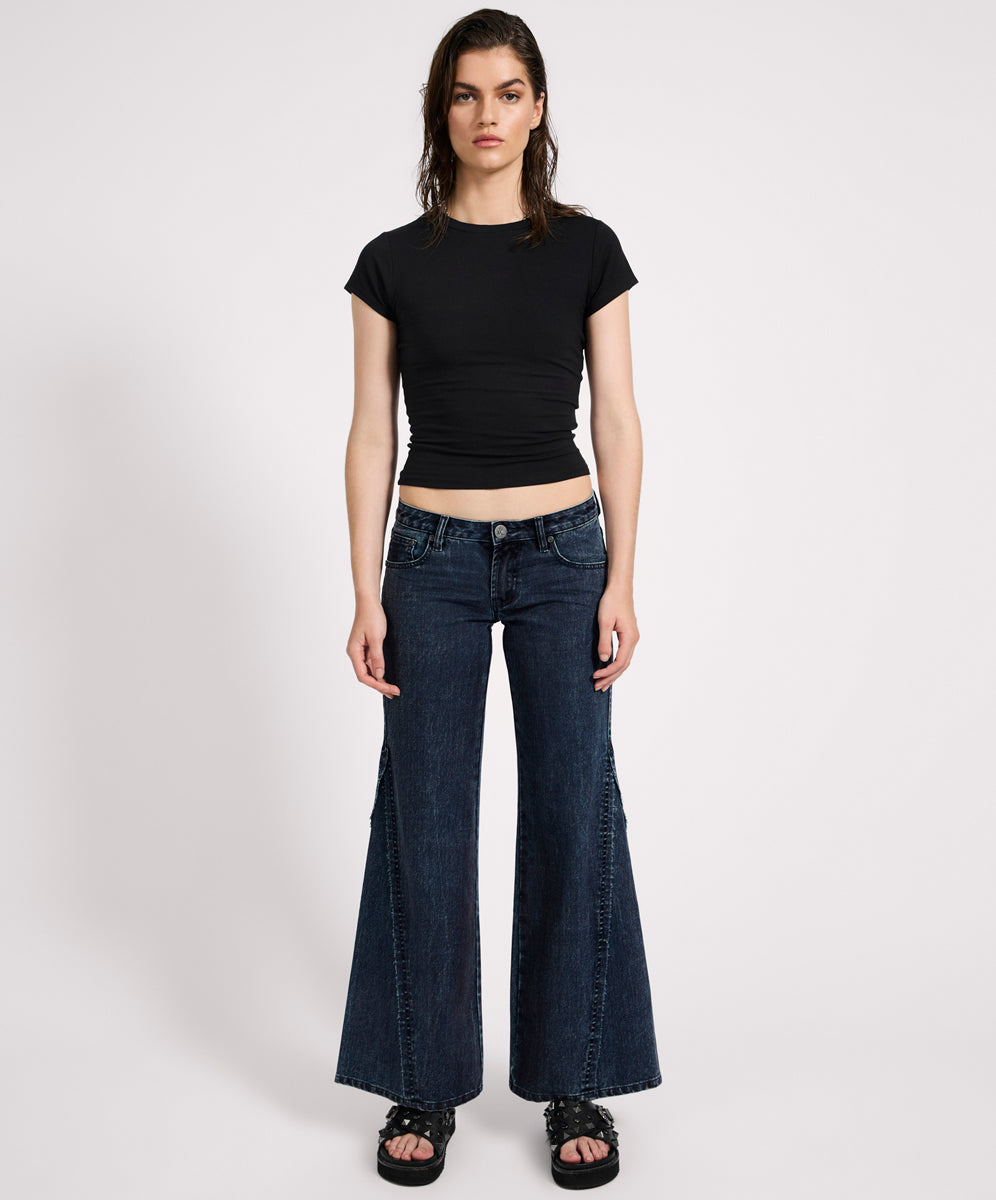 Women's Flare & Bootcut Jeans Johnnies Low Waist Wide Leg Flared Denim Jeans - Indigo Blue