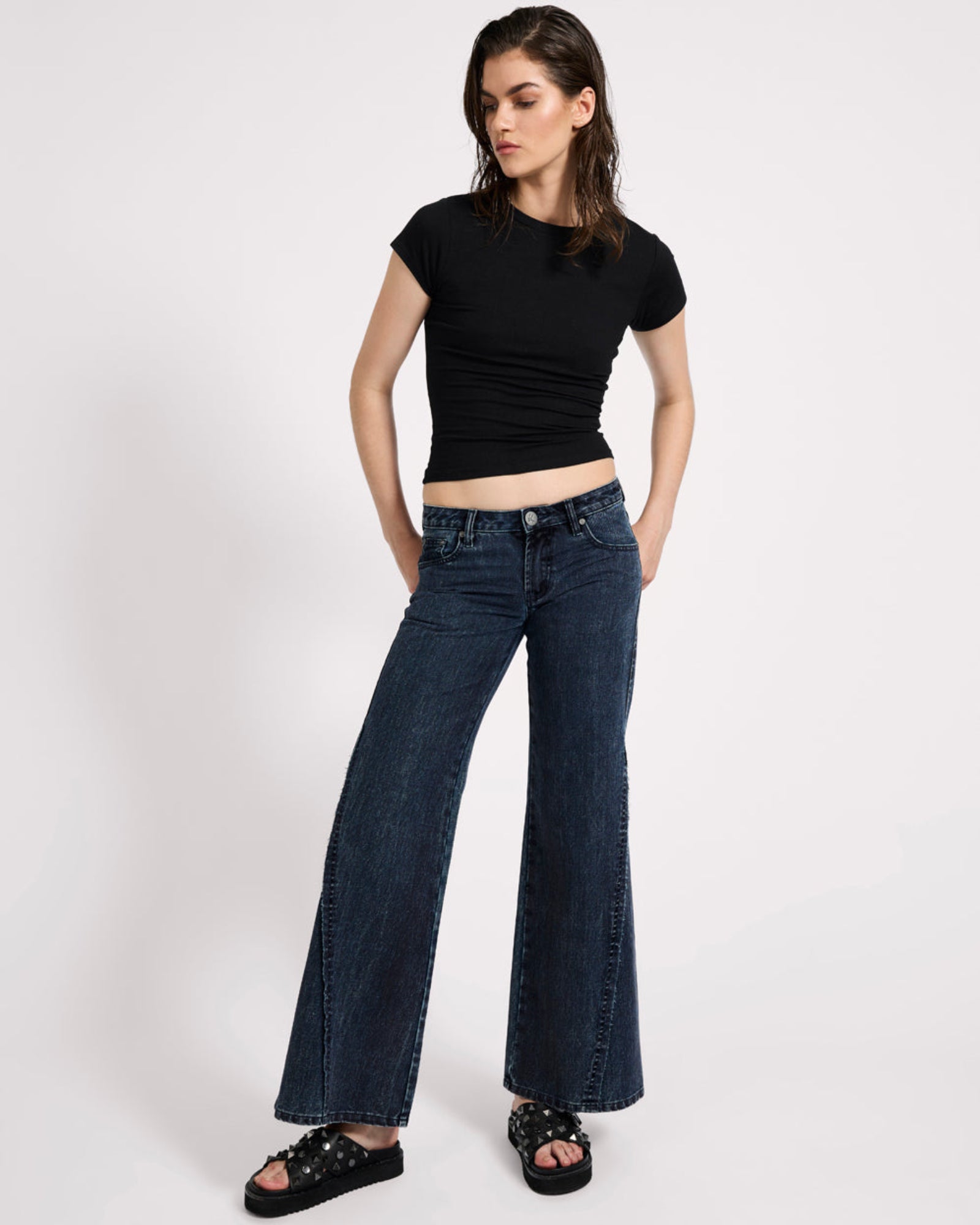 Johnnies Low Waist Wide Leg Flared Denim Jeans - Indigo Blue | One