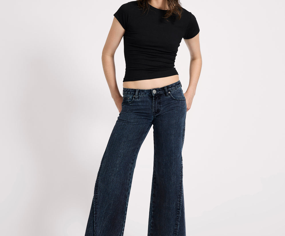 Johnnies Low Waist Wide Leg Flared Denim Jeans - Indigo Blue