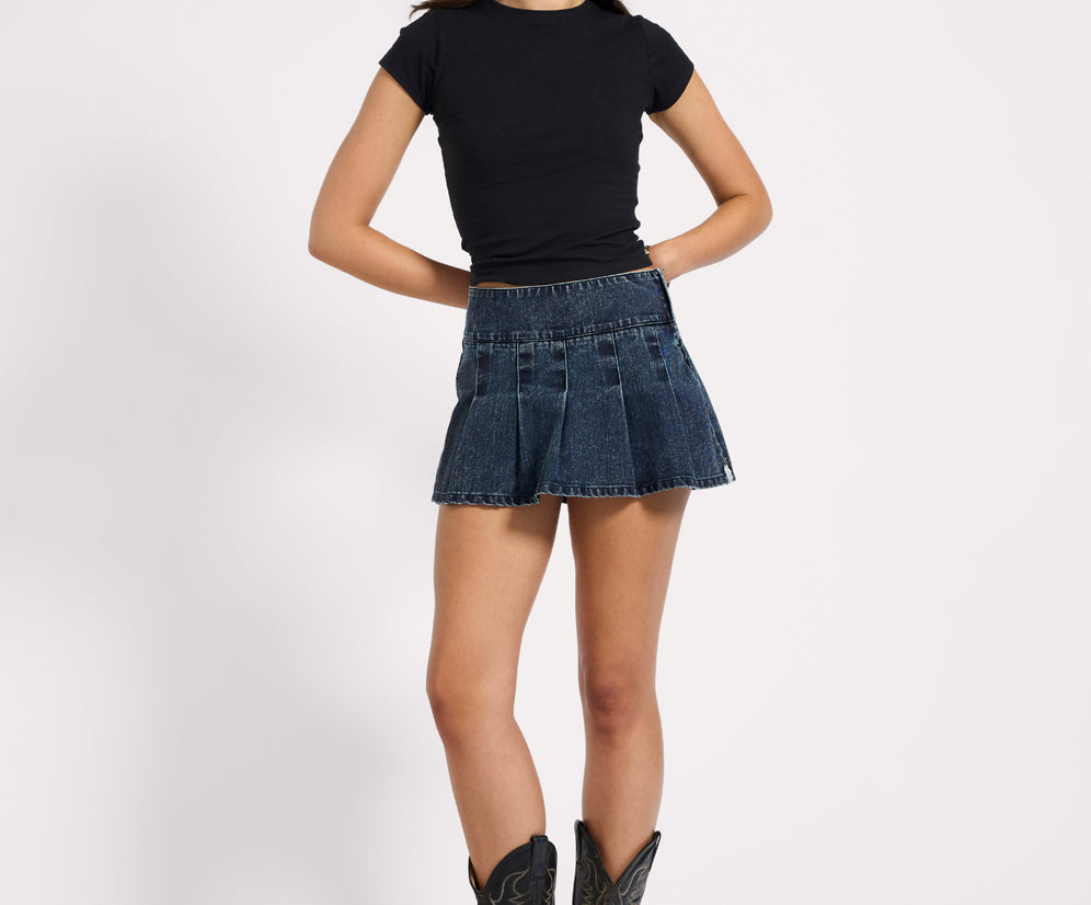 Pleated Low Waist Micro Mini Denim Skirt Indigo Blue