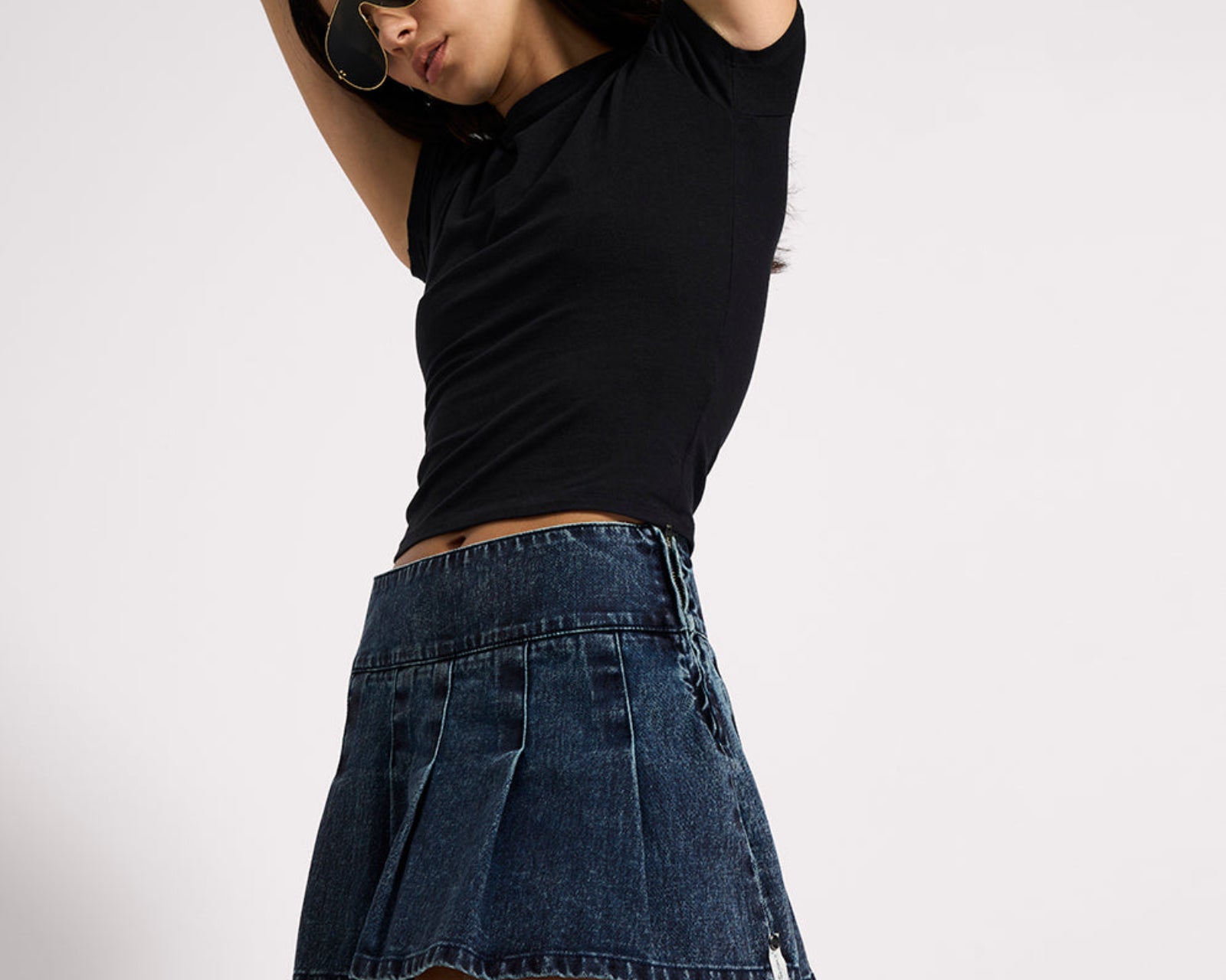 Pleated Low Waist Micro Mini Denim Skirt