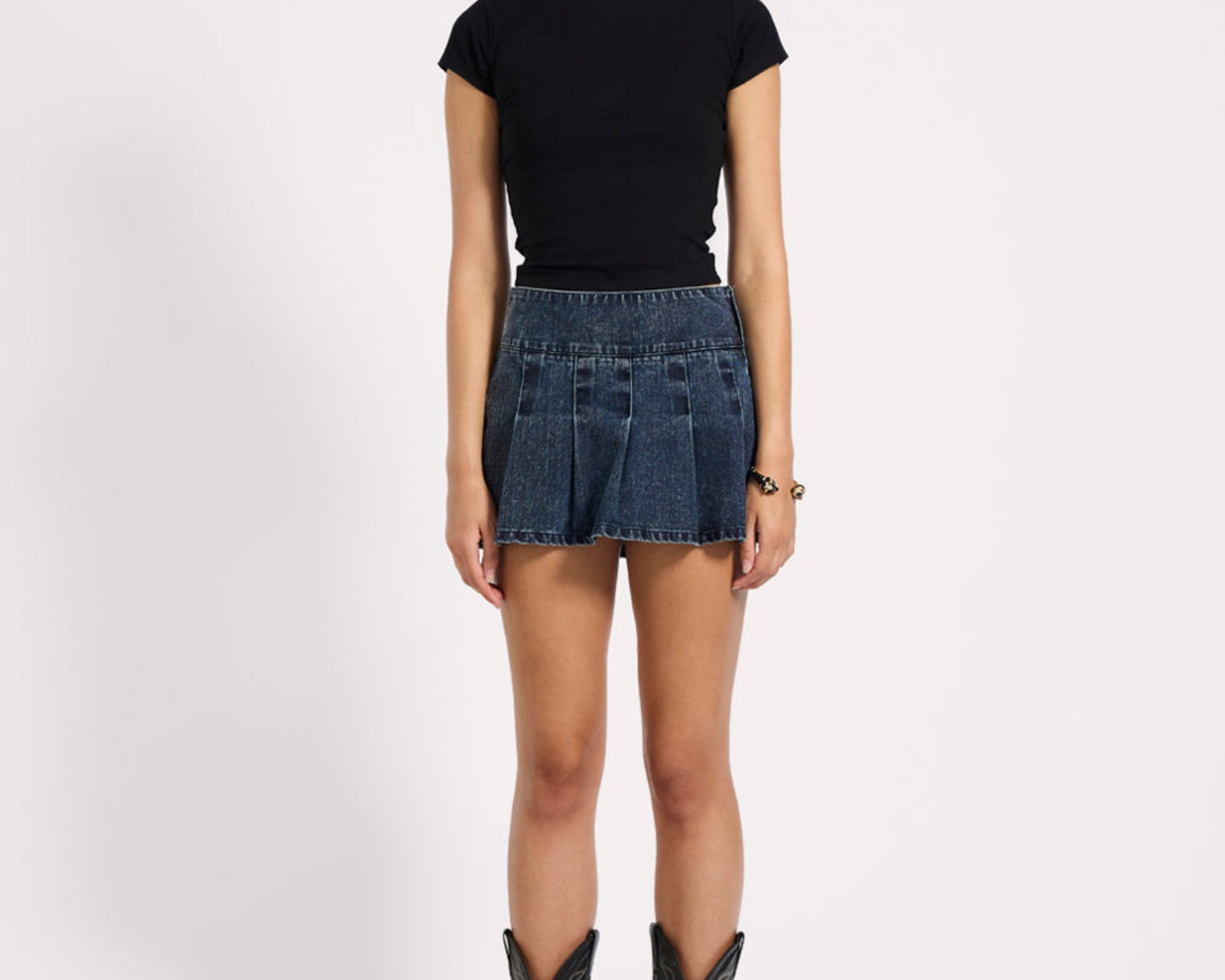 Pleated Low Waist Micro Mini Denim Skirt