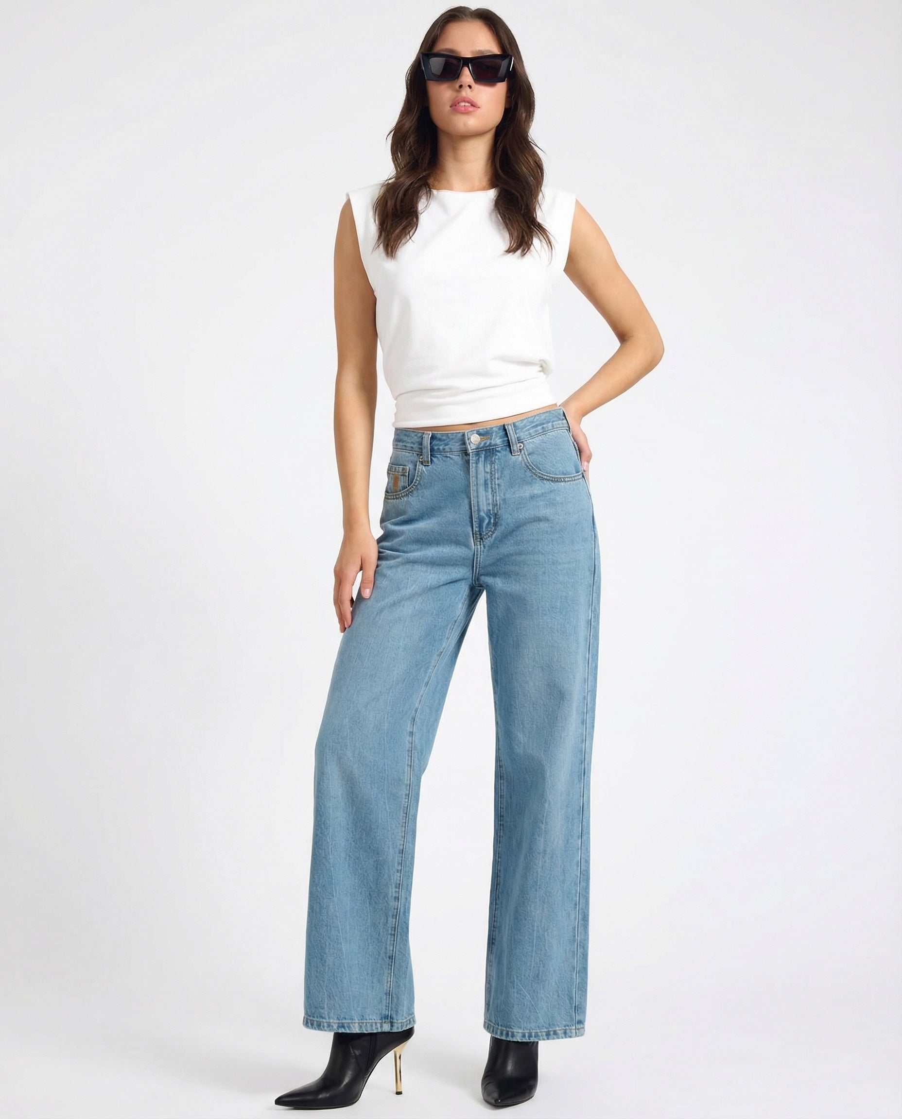 Baxters Mid Waist Wide Leg Denim Jeans - Blue Crush | One Teaspoon USA