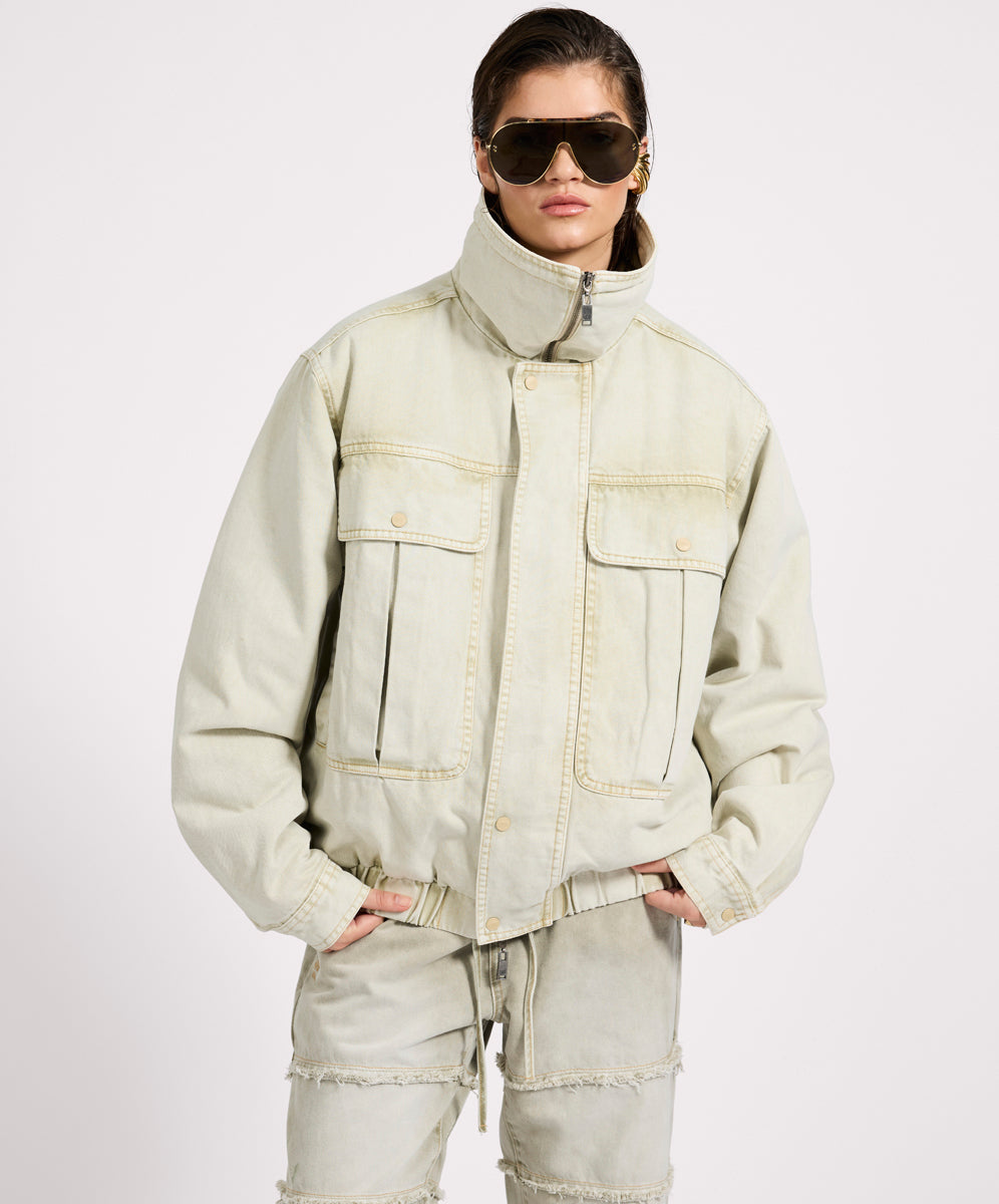 Women's Denim Denim Utility Puffer Jacket - Antique Stone