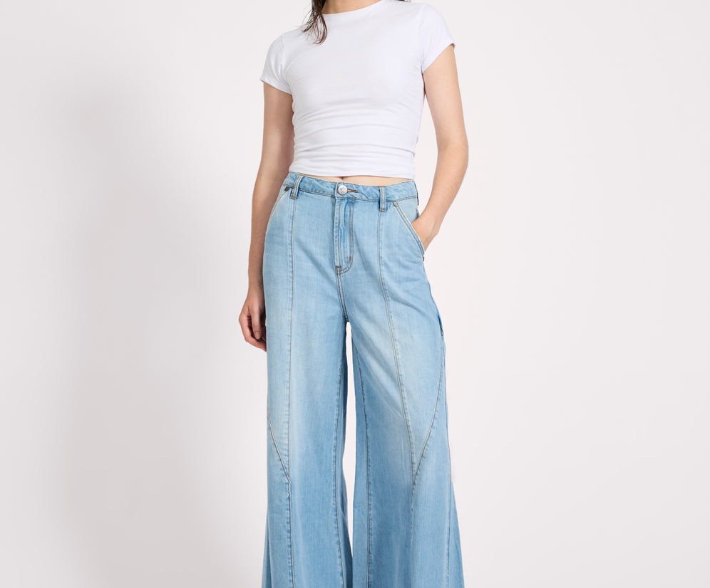 Hollywoods High Waist Wide Leg Denim Jeans - Cool Blue