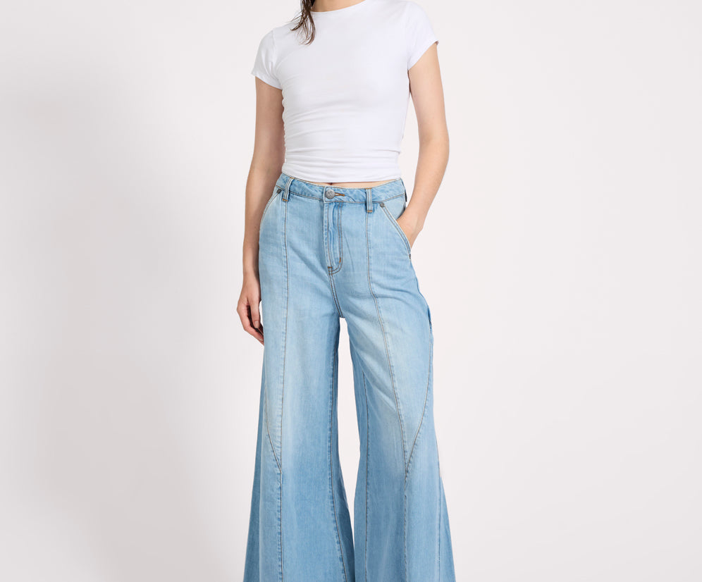 Hollywoods High Waist Wide Leg Denim Jeans - Cool Blue