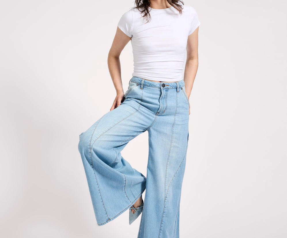 Hollywoods High Waist Wide Leg Denim Jeans - Cool Blue