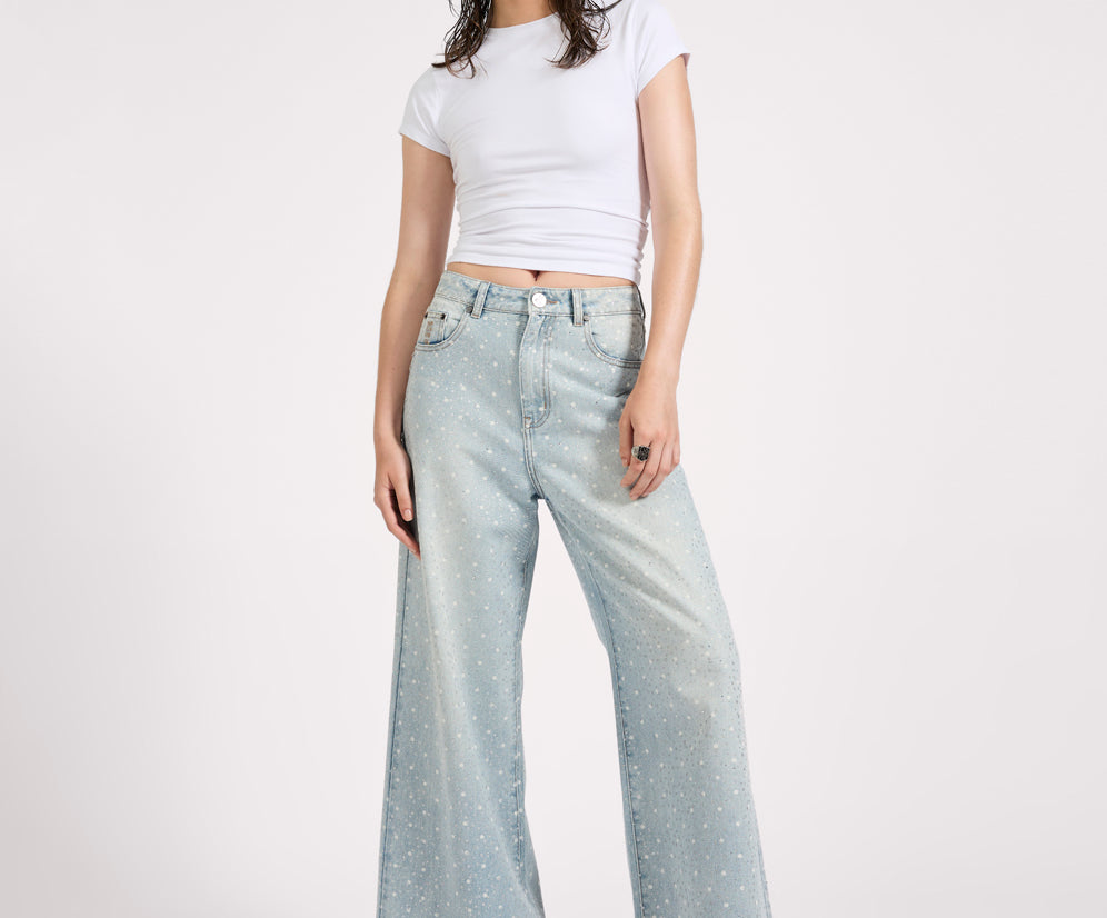 Love Machines Mid Waist Super Wide Leg Denim Jeans - Blue Sparkle