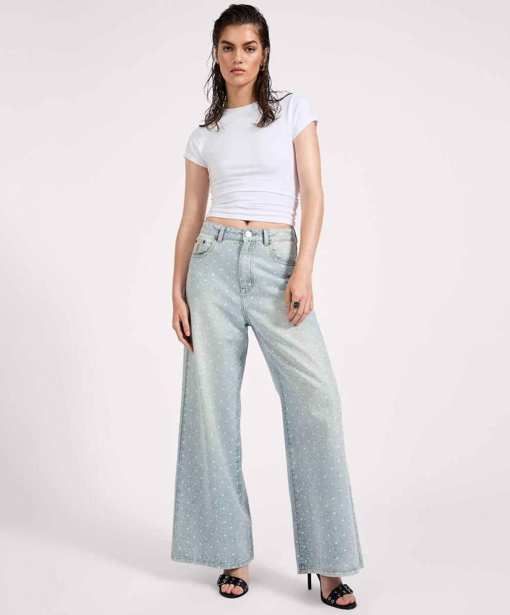  Love Machines Mid Waist Super Wide Leg Denim Jeans - Blue Sparkle