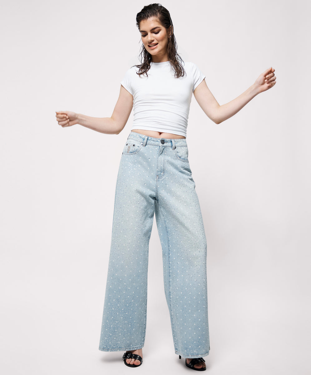 Love Machines Mid Waist Super Wide Leg Denim Jeans - Blue