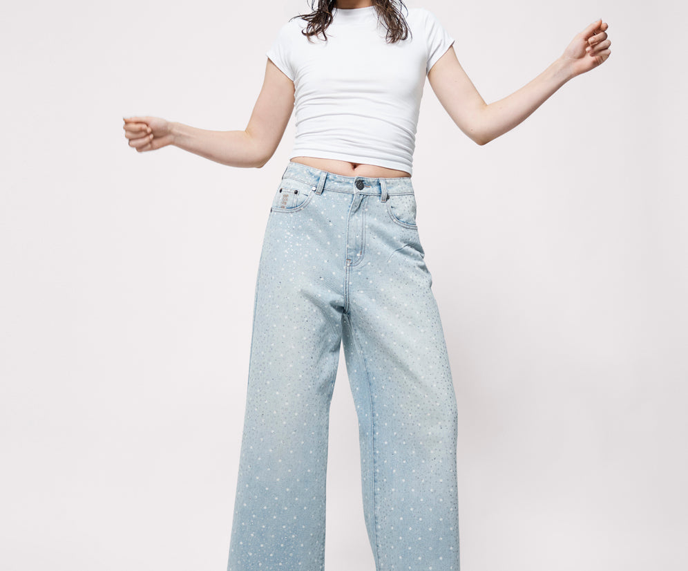 Love Machines Mid Waist Super Wide Leg Denim Jeans - Blue Sparkle