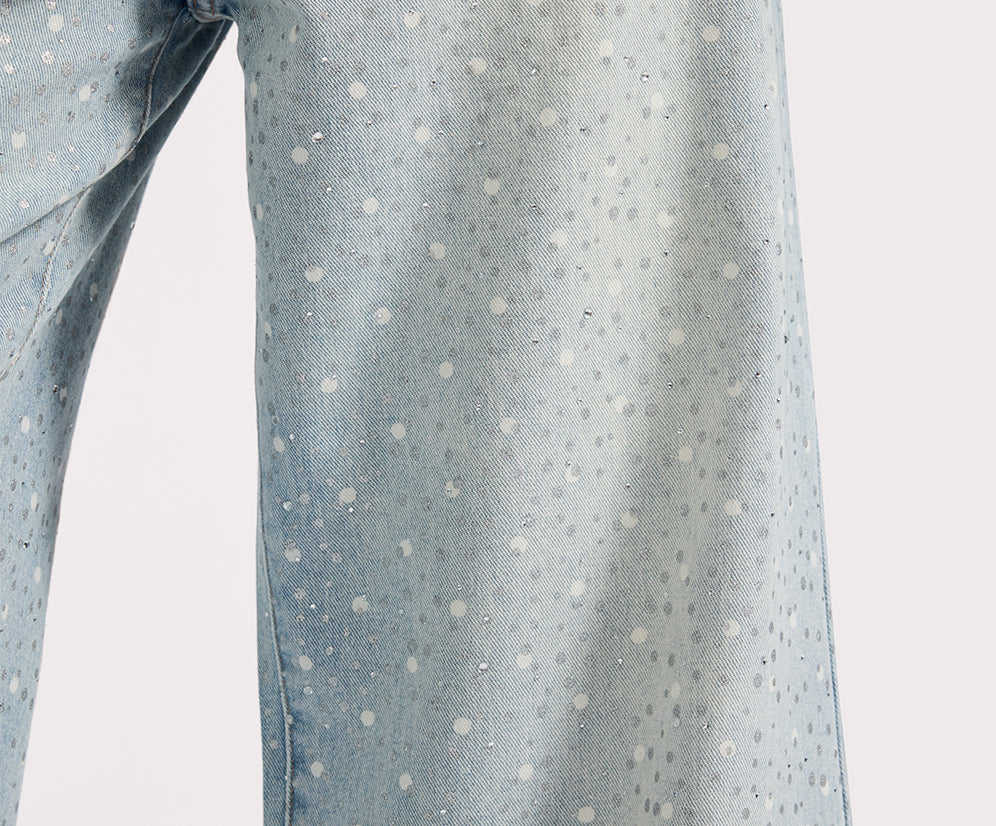Love Machines Mid Waist Super Wide Leg Denim Jeans - Blue Sparkle