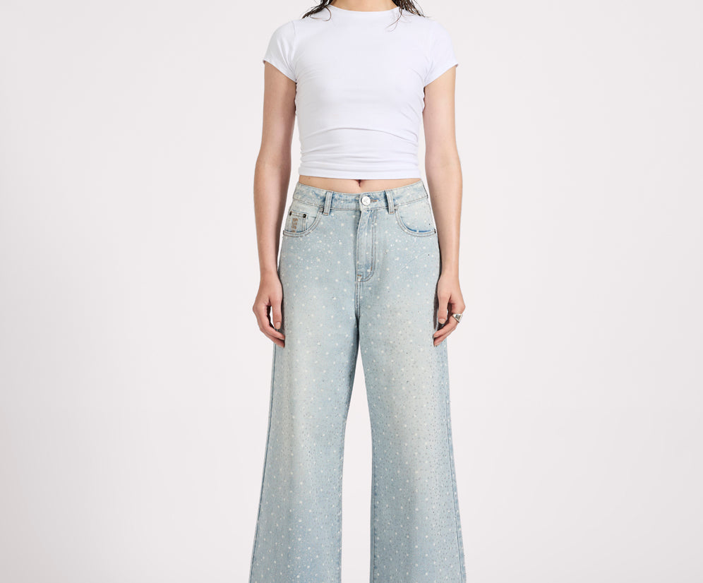 Love Machines Mid Waist Super Wide Leg Denim Jeans - Blue Sparkle