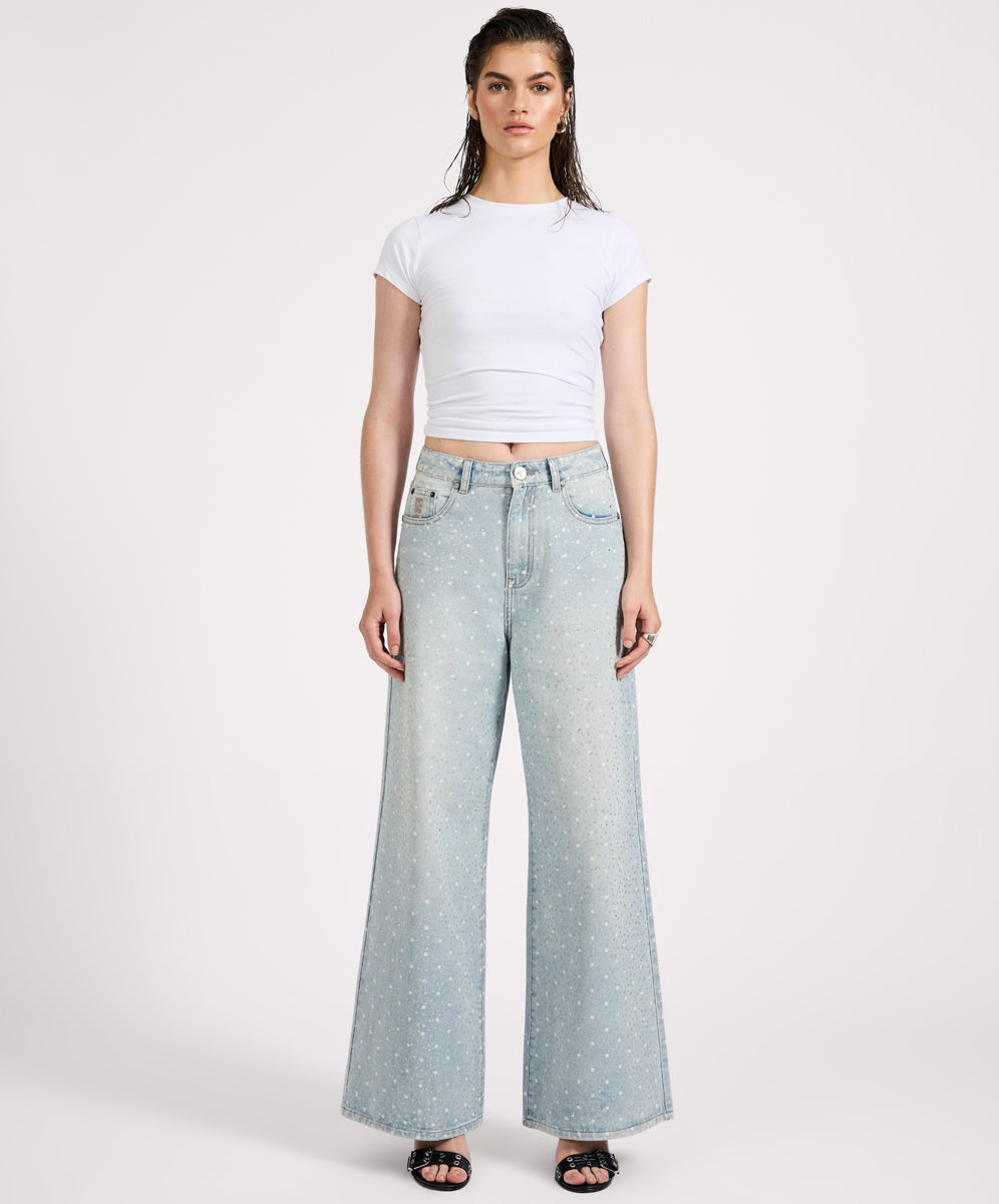  Love Machines Mid Waist Super Wide Leg Denim Jeans - Blue Sparkle