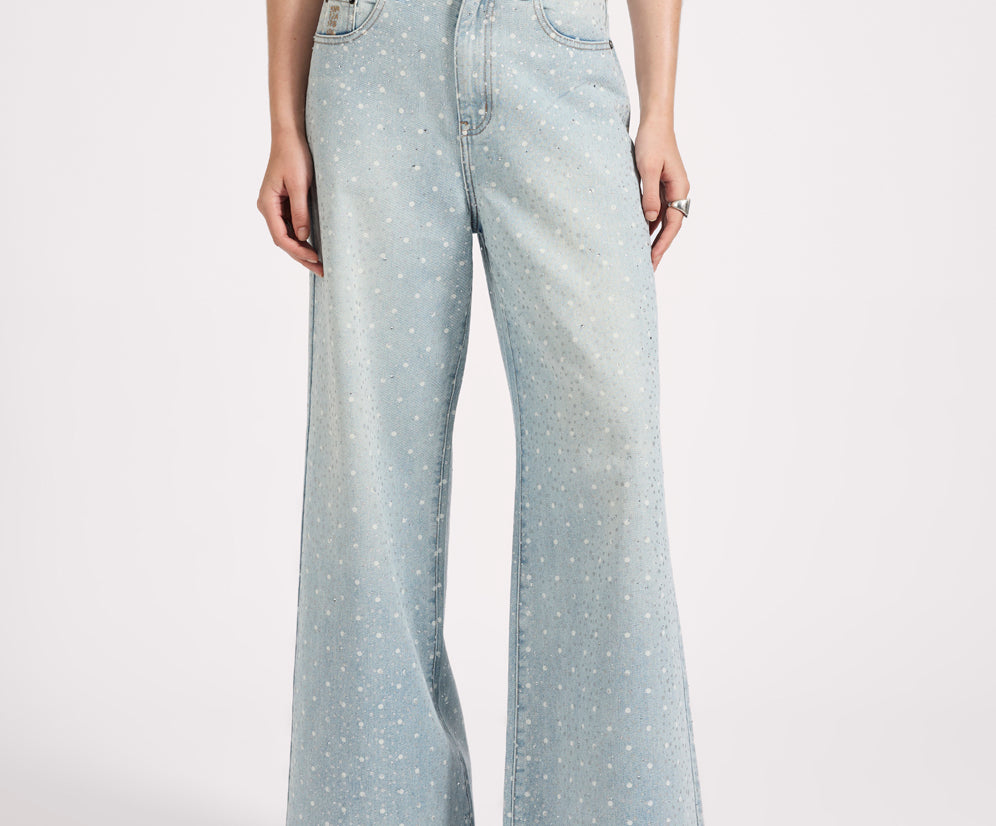 Love Machines Mid Waist Super Wide Leg Denim Jeans - Blue Sparkle