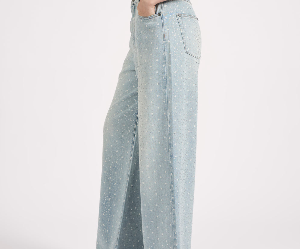 Love Machines Mid Waist Super Wide Leg Denim Jeans - Blue Sparkle