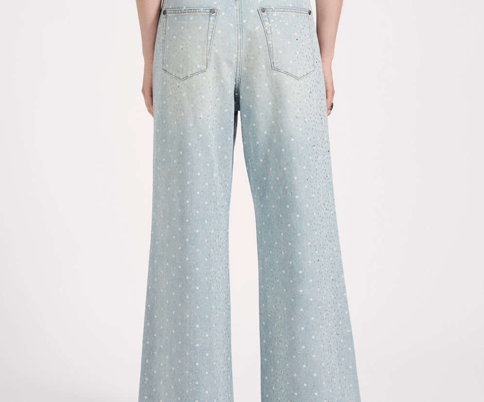 Love Machines Mid Waist Super Wide Leg Denim Jeans - Blue Sparkle