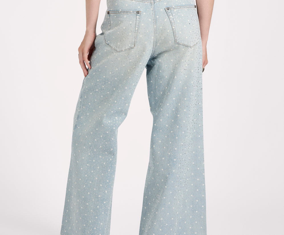 Love Machines Mid Waist Super Wide Leg Denim Jeans - Blue Sparkle