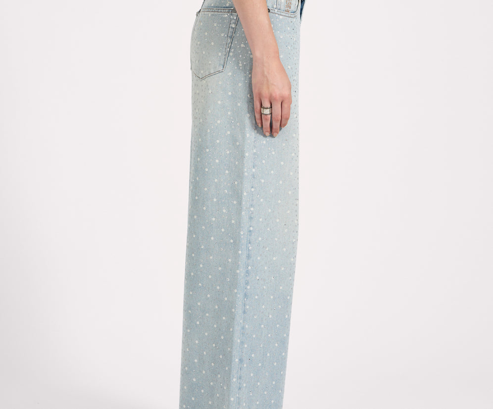 Love Machines Mid Waist Super Wide Leg Denim Jeans - Blue Sparkle
