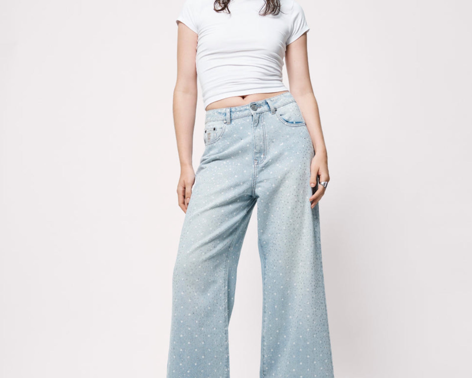 Love Machines Mid Waist Super Wide Leg Denim Jeans - Blue Sparkle