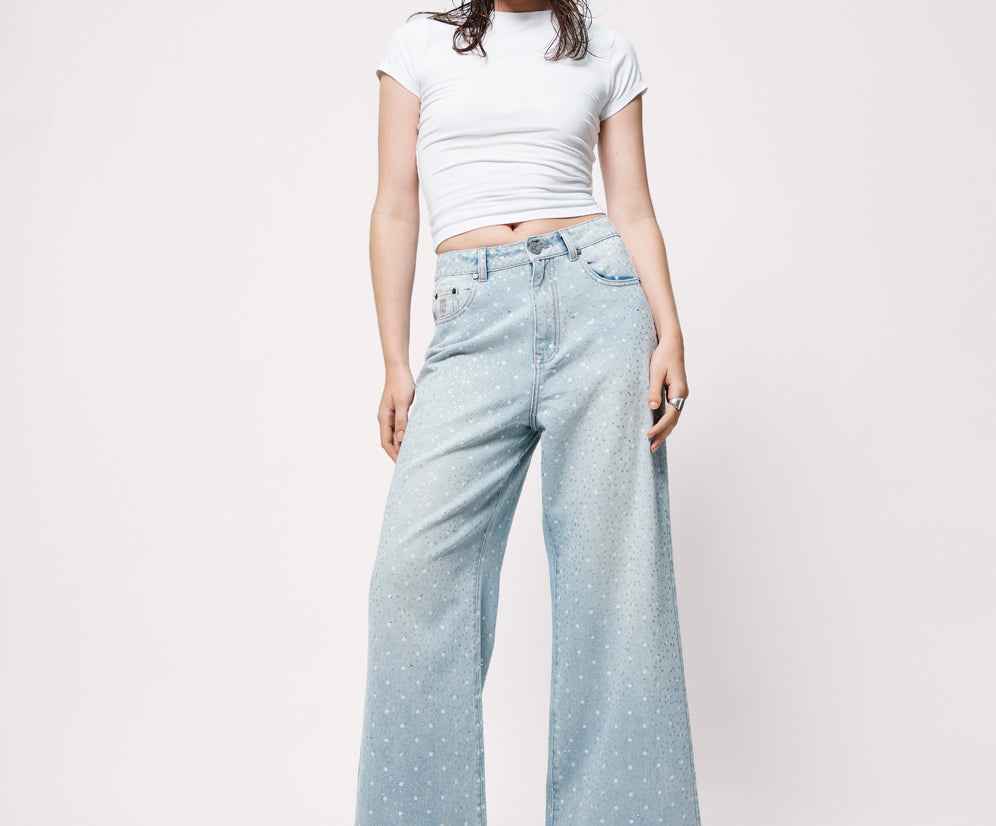 Love Machines Mid Waist Super Wide Leg Denim Jeans - Blue Sparkle