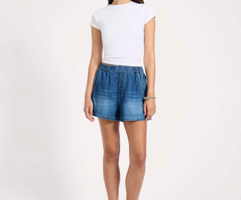 Funks High Waist Elasticated Flippy Denim Shorts - Blue Pasadena