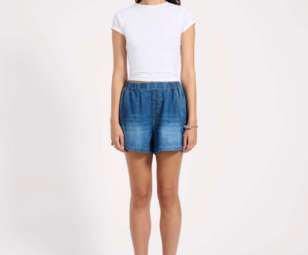 Funks High Waist Elasticated Flippy Denim Shorts - Blue Pasadena