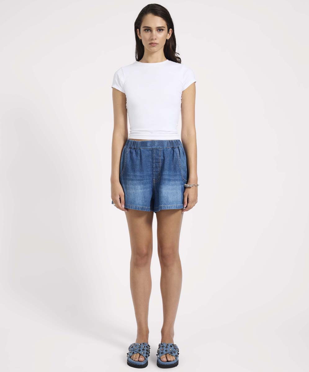 High Waist Denim Shorts Funks High Waist Elasticated Flippy Denim Shorts - Blue Pasadena
